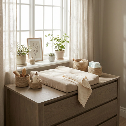 Zacht aankleedkussen op een houten commode in een lichte babykamer, met opgevouwen hoes en verzorgingsspullen binnen handbereik.