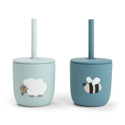 Gobelet en silicone avec paille, paquet de 2 Tiny farm Blue