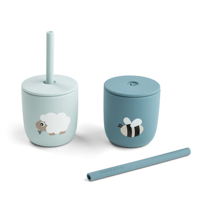Gobelet en silicone avec paille, paquet de 2 Tiny farm Blue