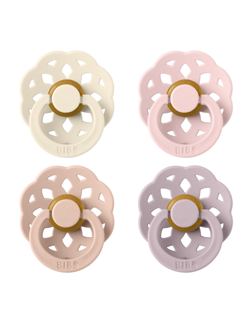 <tc>BIBS</tc> <tc>tétine</tc> Taille 1 Bohème Ivoire/Blush/Blossom/Lilas foncé 4pcs.