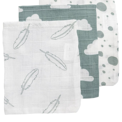 Meyco Washandje 3St Feathers - Clouds - Dots Stone Green/Wit - Meyco - Babywinkel - 4054703458039
