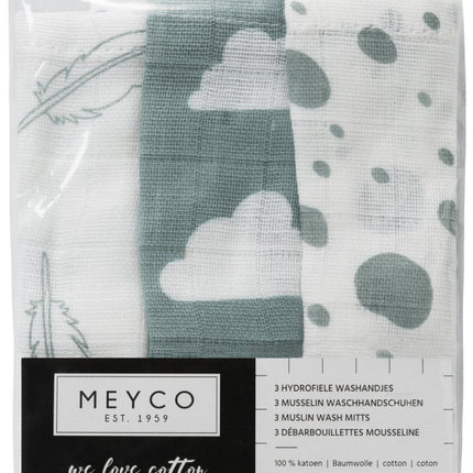 Meyco Washandje 3St Feathers - Clouds - Dots Stone Green/Wit - Meyco - Babywinkel - 4054703458039