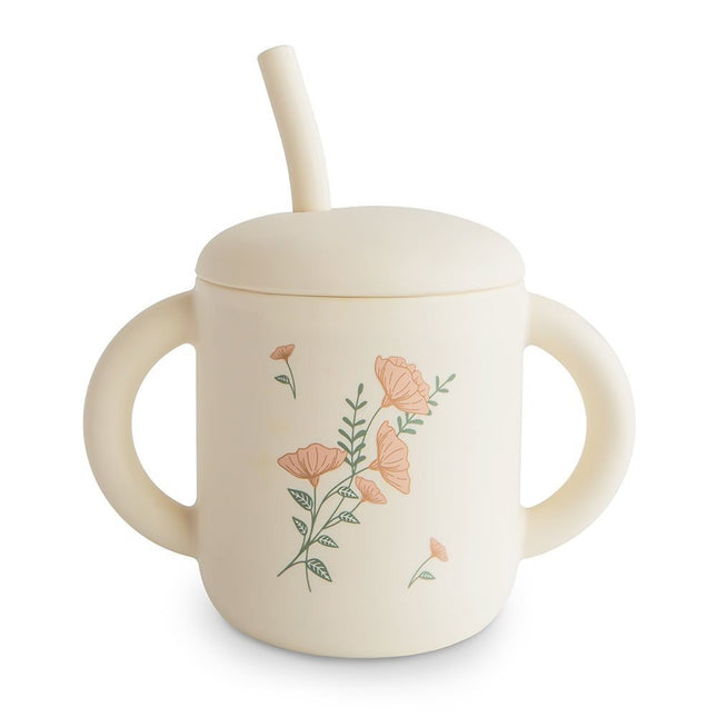 MUSHIE - TRAINING CUP + STRAW - Pink Flowers (NEW) - Babywinkel - 840355801484
