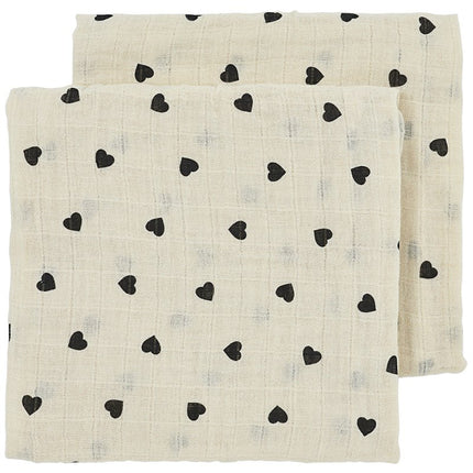 Pre - washed hydrofiele doeken 2 - pack Sweet Heart - soft sand/black - 70x70cm - Babywinkel - 4054703583427