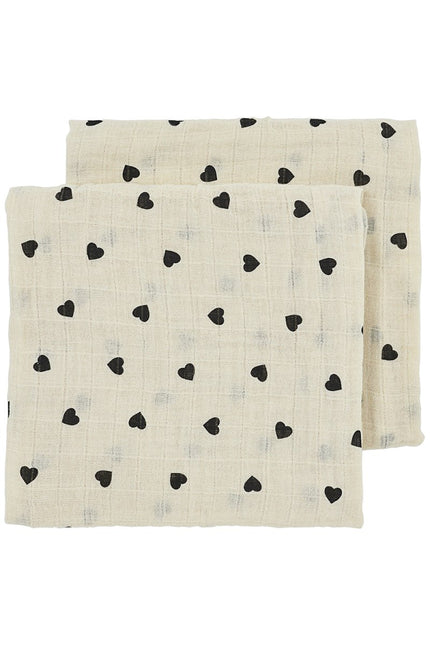Pre - washed hydrofiele doeken 2 - pack Sweet Heart - soft sand/black - 70x70cm - Babywinkel - 4054703583427