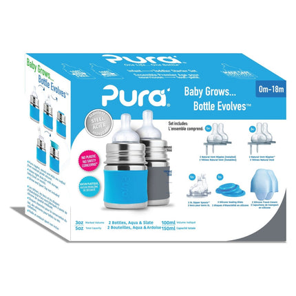 Pura Babyfles Staterset 150Ml Aqua/Grijs 12 delig - Pura - Babywinkel - 858312007404